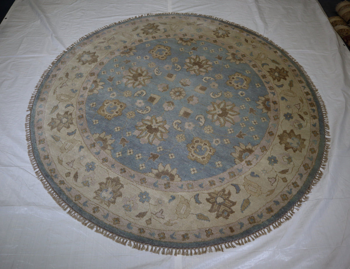 Blue Round Rug, Oushak Rug, Wool Oriental Rug, 8x8